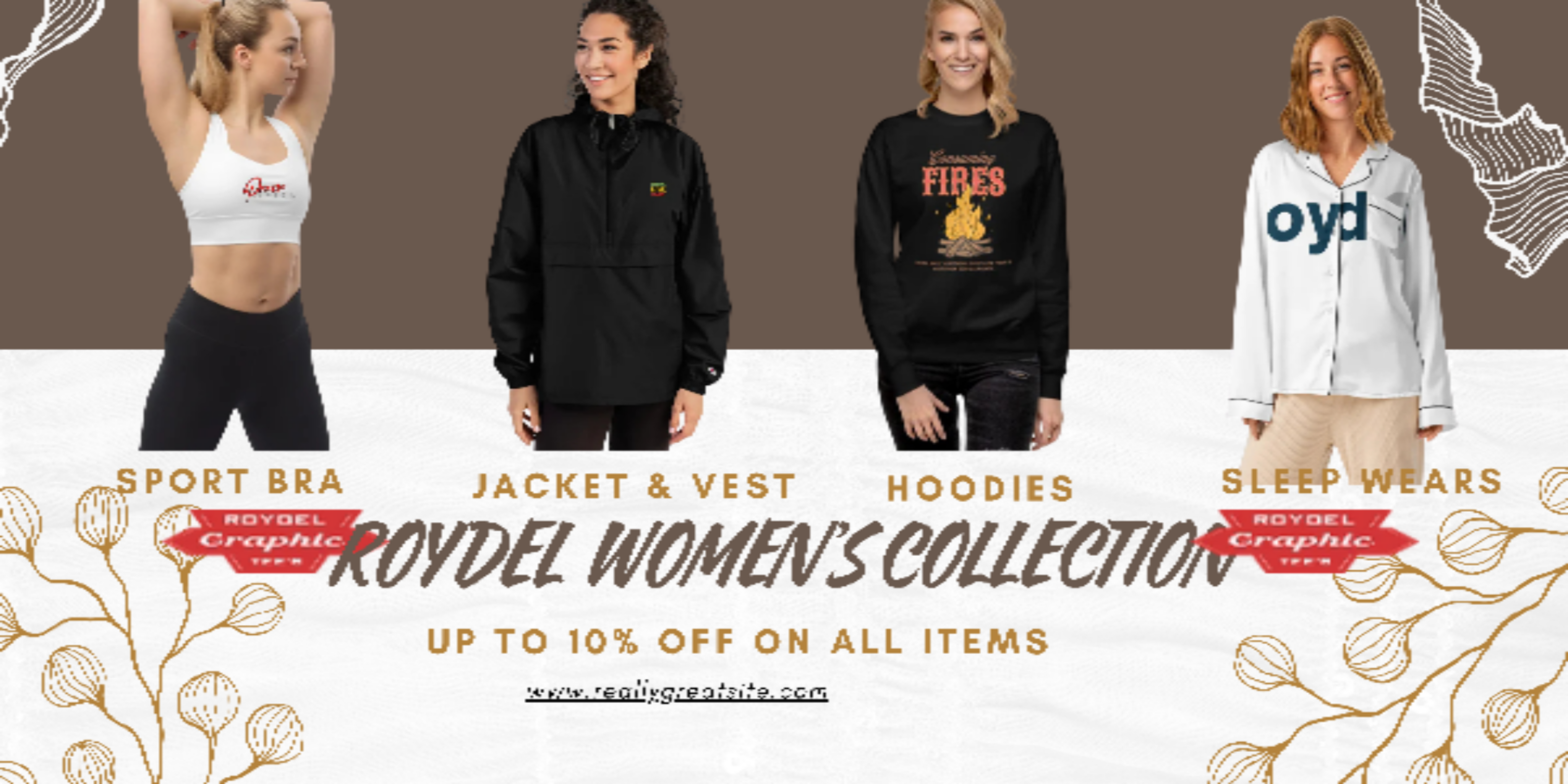 Promotional banner for Roydel Women's Collection with models wearing various clothing items and a discount offer.