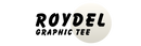 Round white badge with 'ROYDEL GRAPHIC TEE' text on a white background