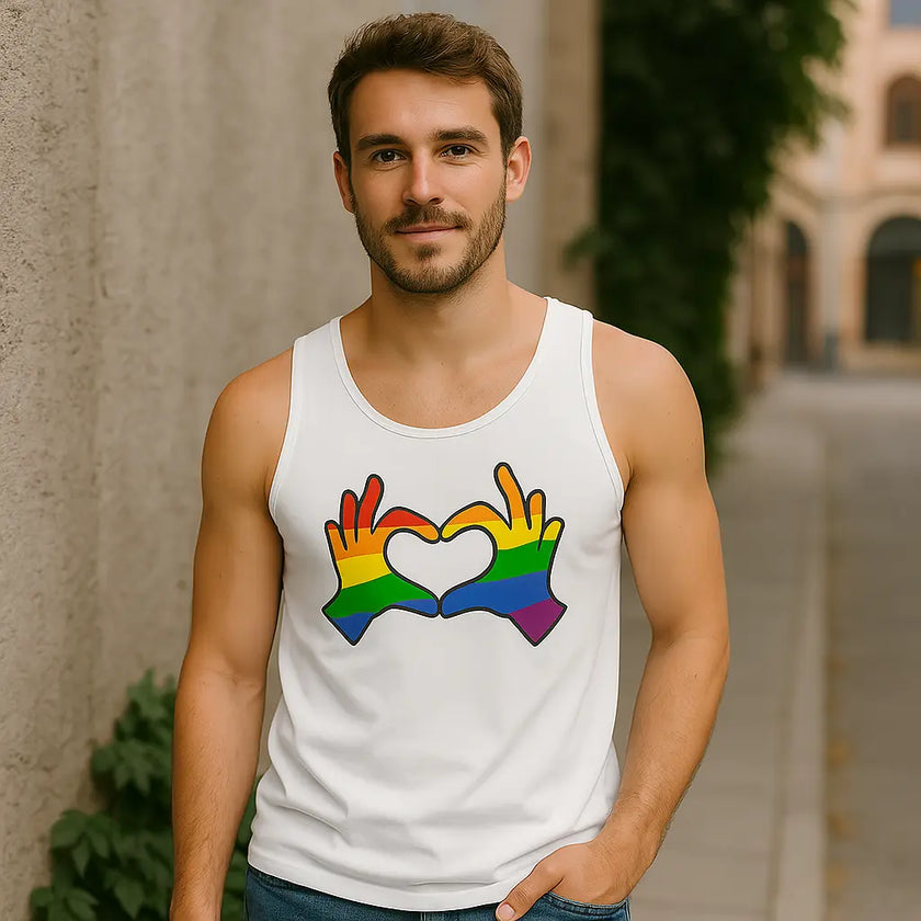 Man wearing a white tank top with rainbow hands forming a heart design outdoors.