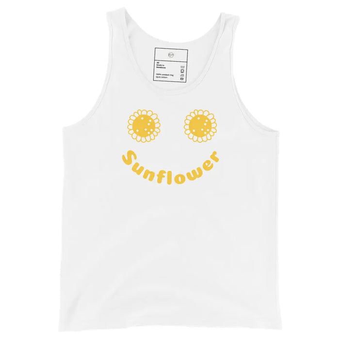 White tank top with yellow sunflower design on a white background